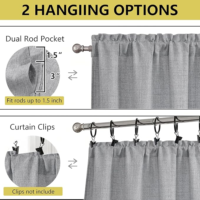 Grey Kitchen Curtains 45 Inch Length 2 Panels, Light Filtering Faux Linen - Image 4