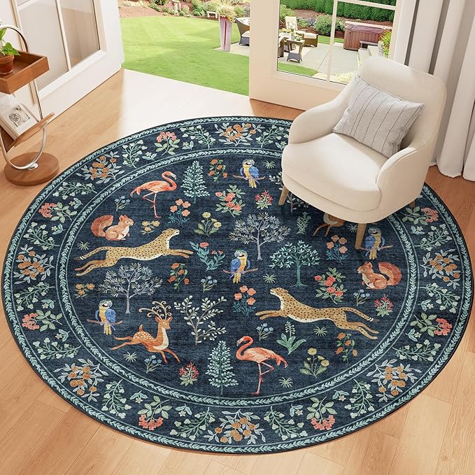 DUKINO 4ft Round Rug, Washable Round Area Rug, Non Slip Indoor Low Pile Animal - Image 4