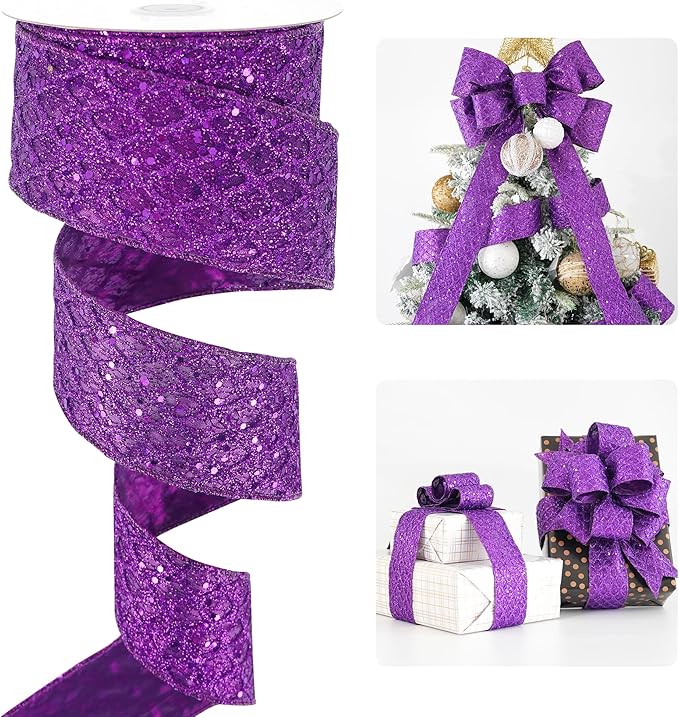 HUIHUANG Purple Wired Ribbon for Christmas Tree 2.5 inch Purple Glitter Diamond by HUIHUANG