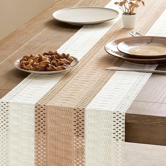 ZeeMart Macrame Style Bicolor Stitching Table Runner, 14 x 60 Inch Beige/Ivory - Image 4