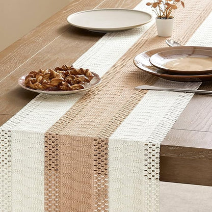 ZeeMart Macrame Style Bicolor Stitching Table Runner, 14 x 60 Inch Beige/Ivory - Image 4
