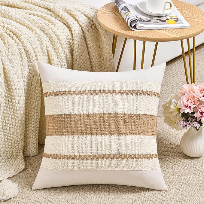Fancy Homi Set of 2 Boho Neutral Decorative Throw Pillow Cover 22x22 Inch - Image 2