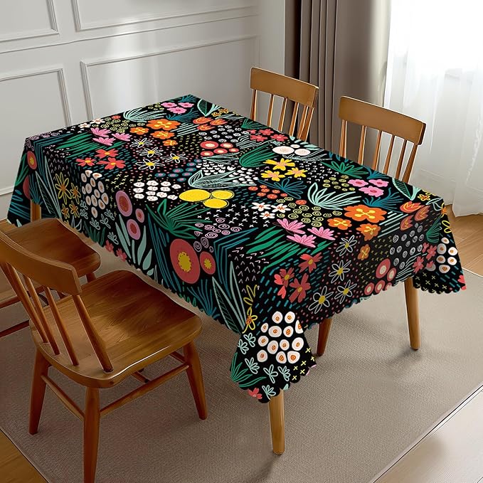 Colorful Flowers Tablecloth Floral Flower Field Black Meadow Herbs Leaves Table by Unknown