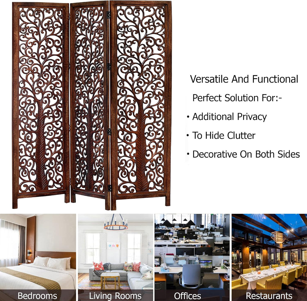 COTTON CRAFT Room Divider Wood Screen - Hand Carved Folding 3 Panels 60x72