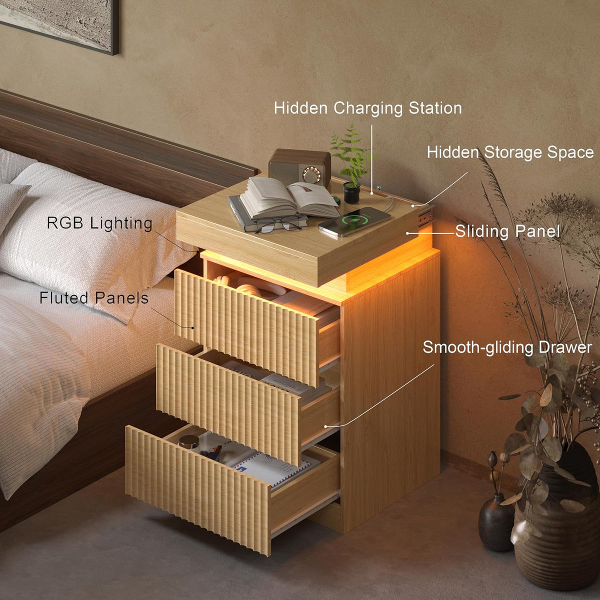 fluted 3 drawer dresser for bedroom with charging showing dimensions