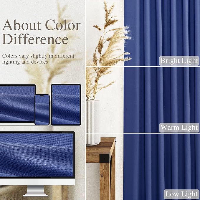 Classic Blue Linen Curtains 90 Inch Long 2 Panels Set - Image 3