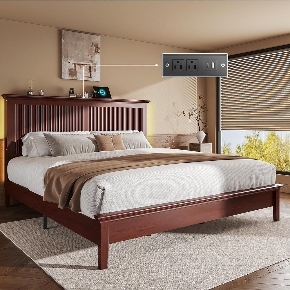 Lifezone King Bed Frame with Headboard, Solid Wood Bed Frame King Size with C...
