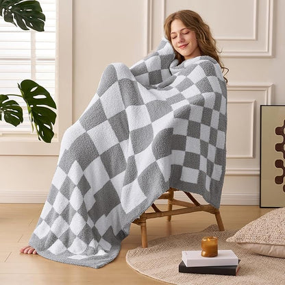 Joiedomi Throw Blanket for Couch, Light Grey Checkered Knitted Blankets Gifts - Image 2
