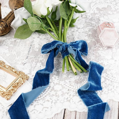 Blue Velvet Ribbon 1.5 Inch Hand Frayed Silk Velvet Ribbon Rustic Velvet - Image 4