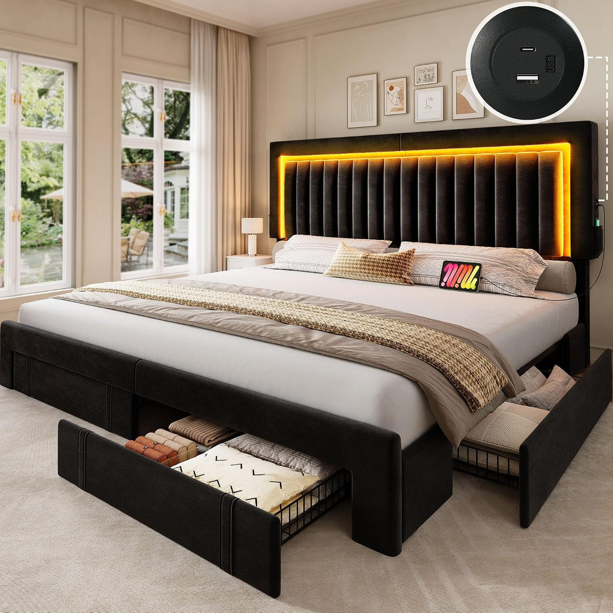 yitahome king size bed frame with adjustable headboard, main product view