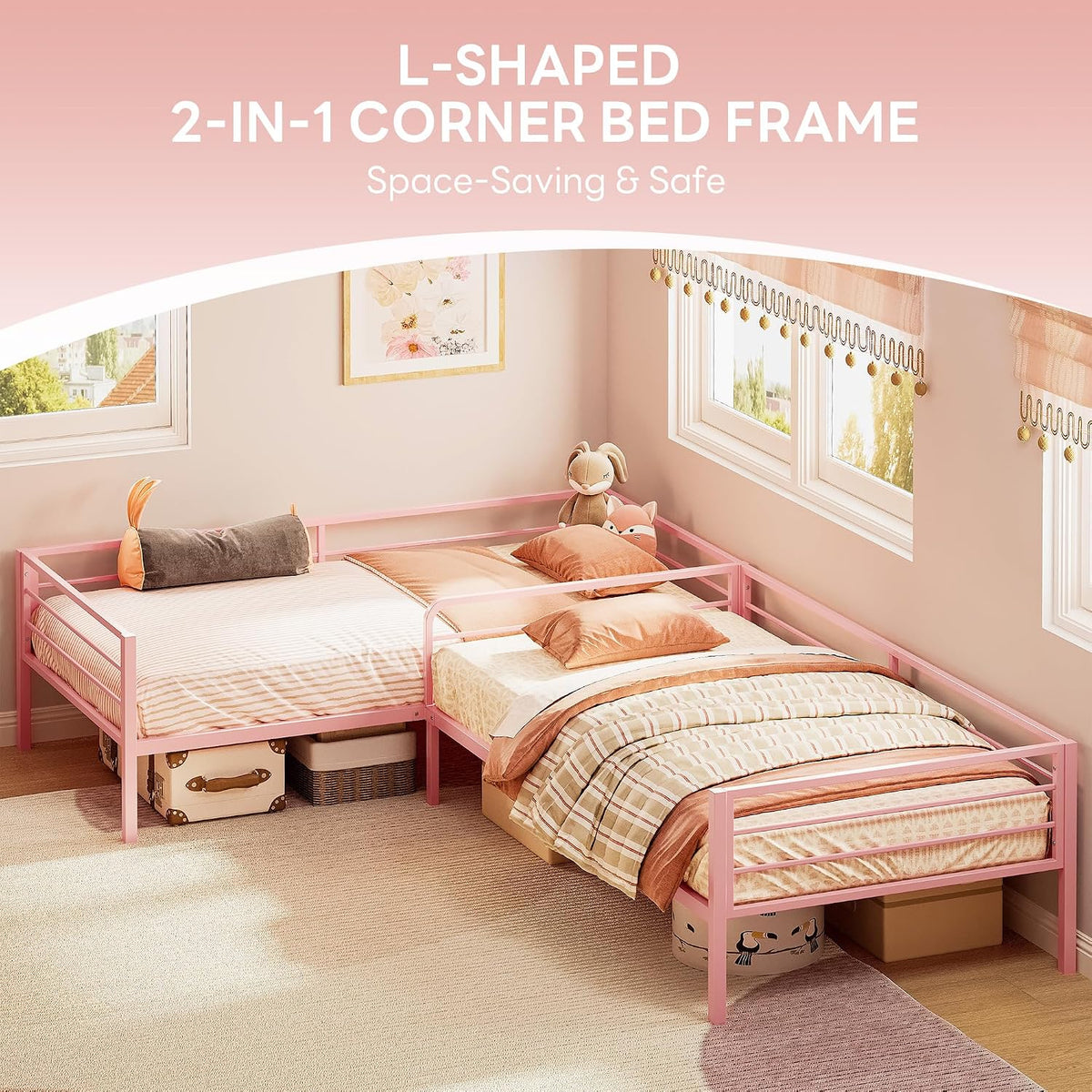 likimio l shaped twin beds for 2, double, close-up detail