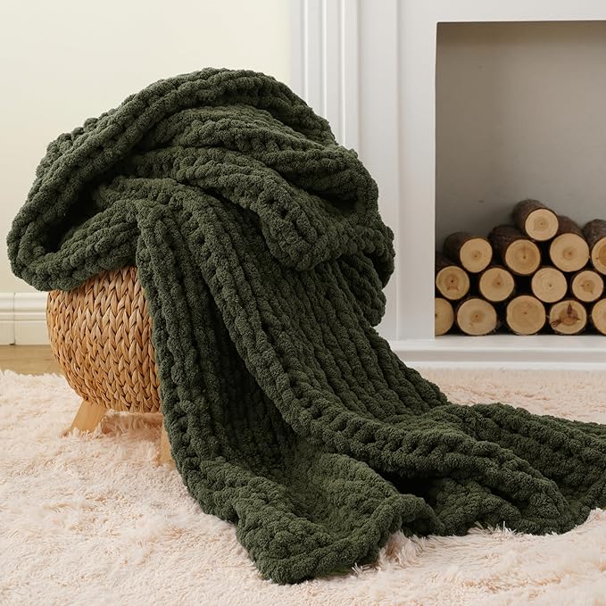 Battilo Olive Green Chunky Knit Throw Blanket, Soft and Thick Green Chenille - Image 3
