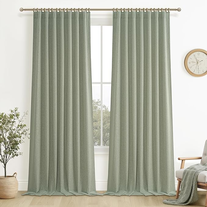Sage Green Blackout Linen Curtains 96 Inches Long by QJMYDECO