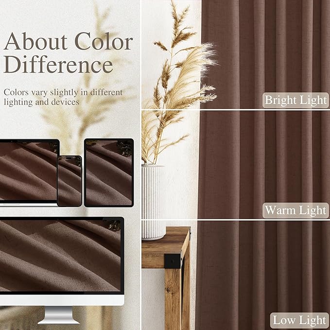 Mocha Mousse Linen Textured Semi Sheer Curtains 96 Inch Long 2 Panel Set Back - Image 3