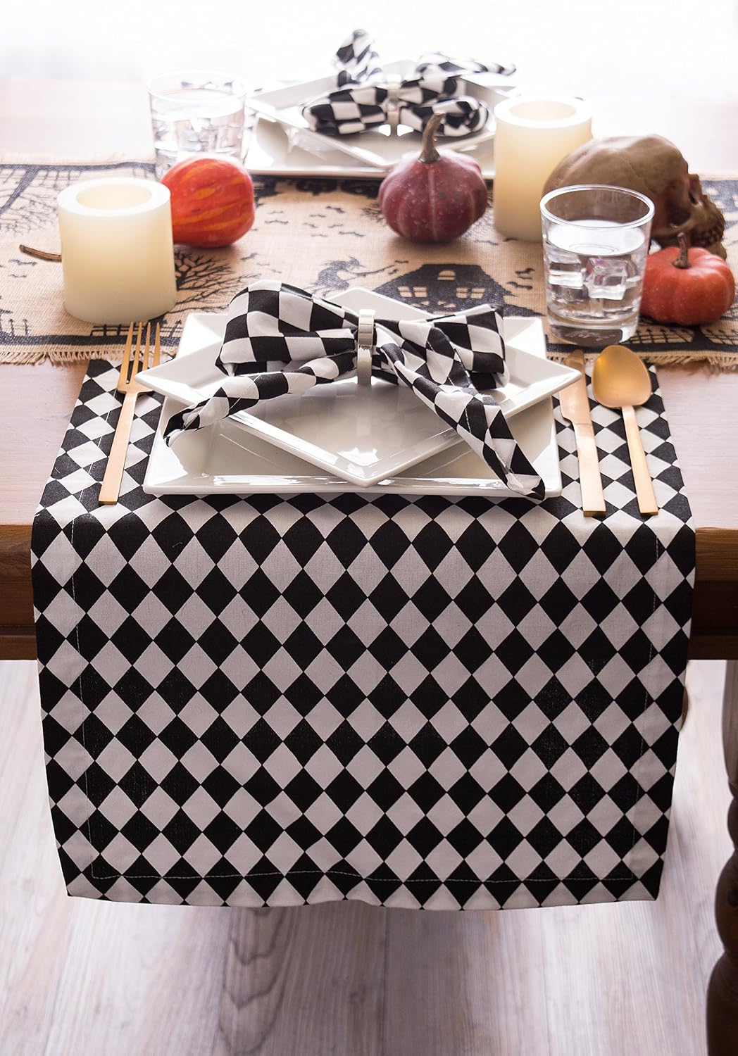 DII Halloween Tabletop, Harlequin Collection, Table Runner, 14x72, Black and Cream (Pack of 12)