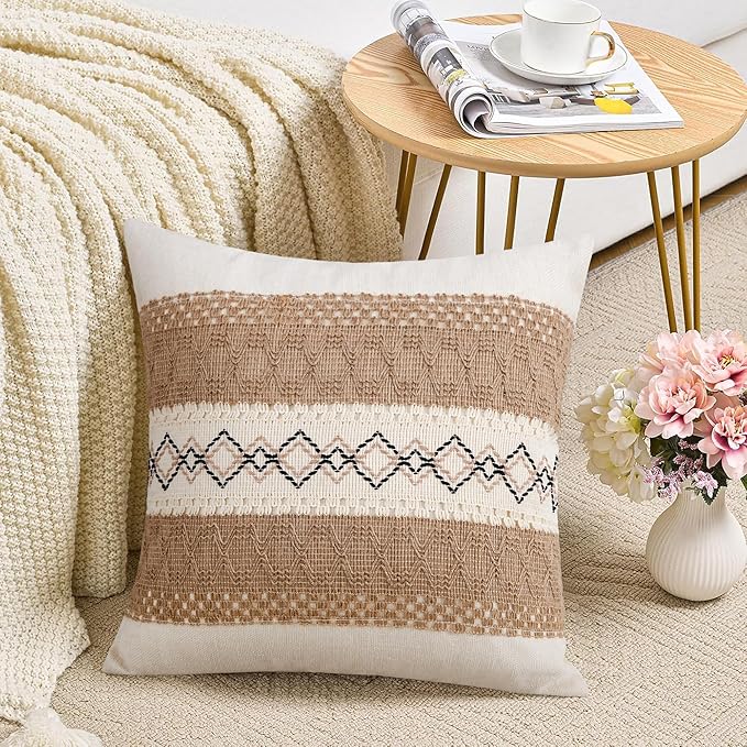 Pyonic Pack of 2 Boho Throw Pillow Covers 18x18 Inch Farmhouse Decorative Throw - Image 6