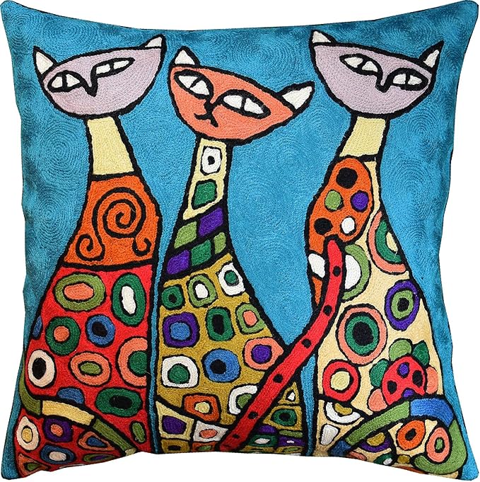 Turquoise Cat Pillow: Cute Kitties Abstract Sofa Cushion by Kashmir+Designs