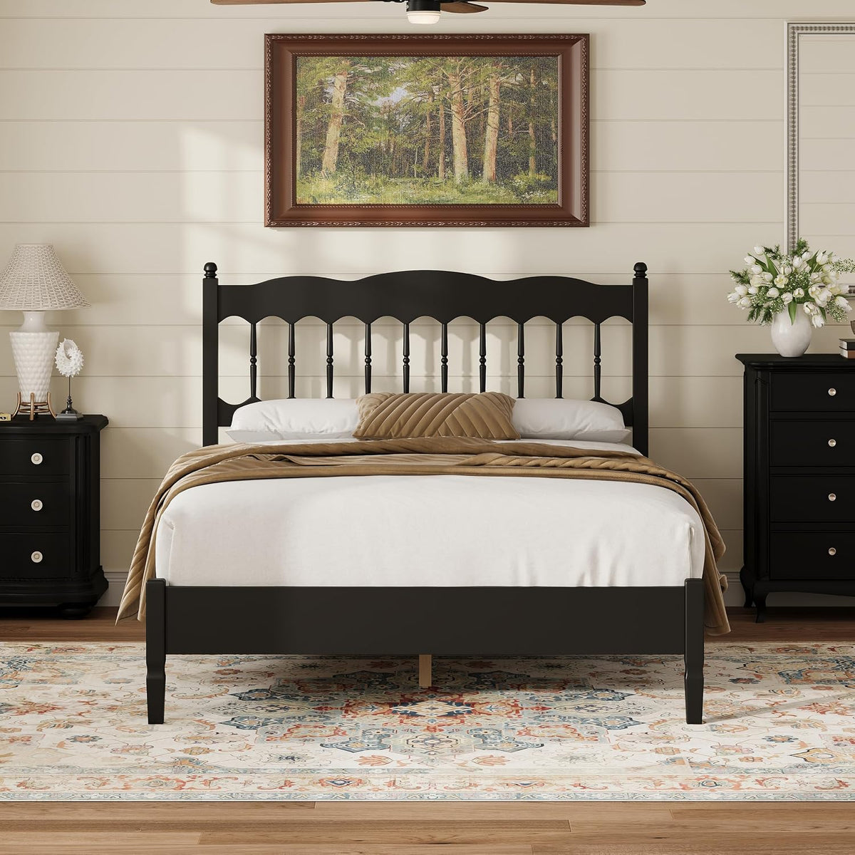 bellemave full vintage wood spindle post bed,wooden platform, front angle view