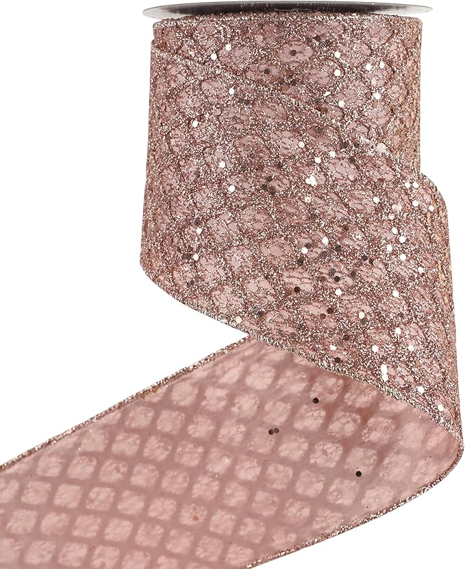 HUIHUANG Rose Gold Christmas Ribbon 4 inch Rose Gold Glitter Wired Ribbon by HUIHUANG