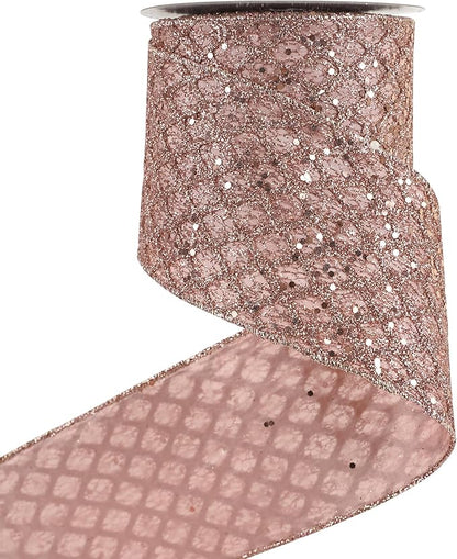 HUIHUANG Rose Gold Christmas Ribbon 4 inch Rose Gold Glitter Wired Ribbon by HUIHUANG