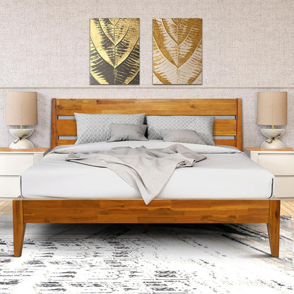 acacia emery bed frame with headboard solid wood, front angle view