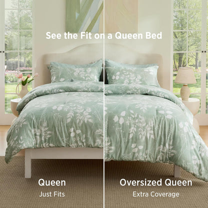 bedsure sage green queen comforter set, floral bedding, side view