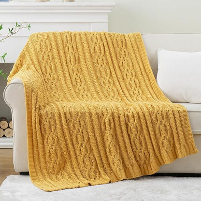 Battilo Mustard Yellow Throw Blanket 51"x67" Chenille Knitted Throw Blanket - Image 9