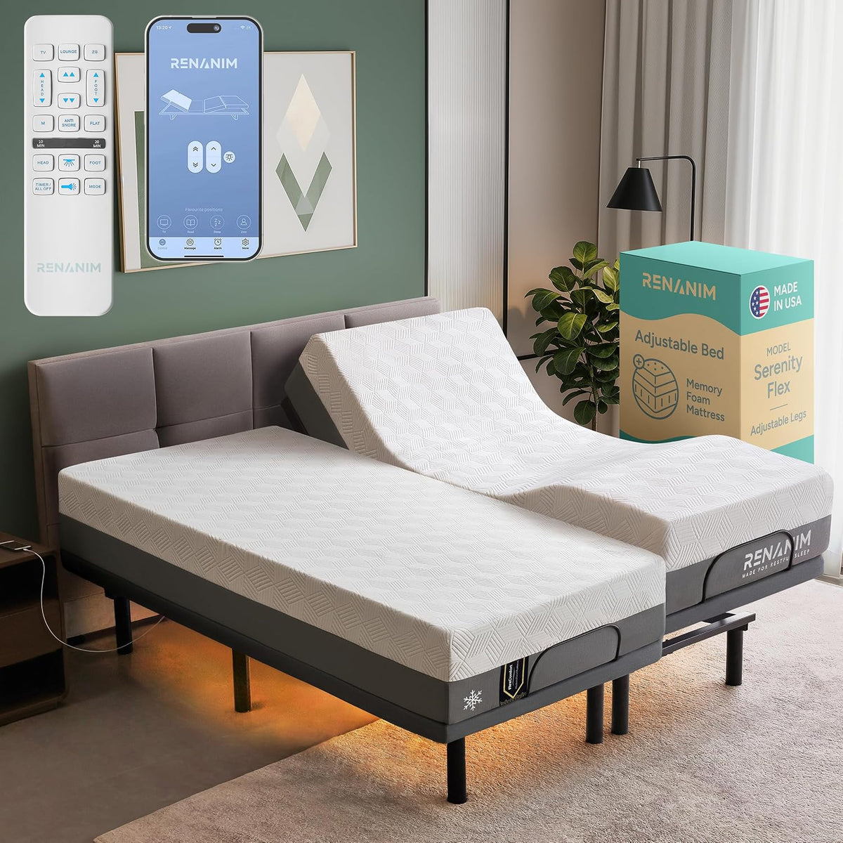 sf split king adjustable bed frame with mattress, main product view
