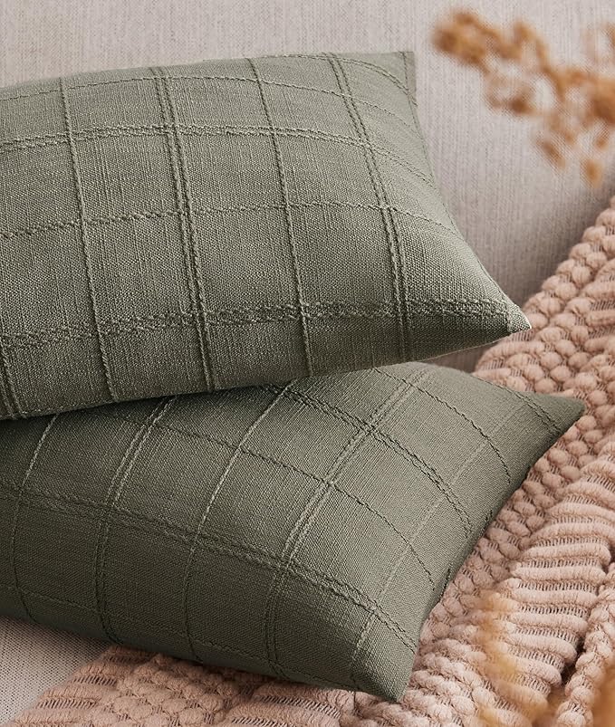 ZeeMart Linen Checked Lumbar Throw Pillow Covers Set of 2, 12x20 Inch Allover by ZEEMARTONLINE