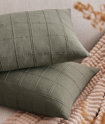 ZeeMart Linen Checked Lumbar Throw Pillow Covers Set of 2, 12x20 Inch Allover by ZEEMARTONLINE