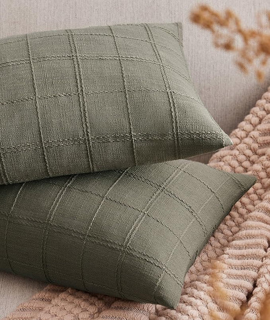 ZeeMart Linen Checked Lumbar Throw Pillow Covers Set of 2, 12x20 Inch Allover by ZEEMARTONLINE