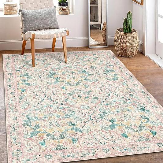 MUJOO 3x5 Pink Rug Washable, Floral Area Rug by MUJOO