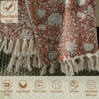 100% Pure Cotton Handblock Printed Throw Blanket, Soft 50" x 60" Fringed Floral - Image 2