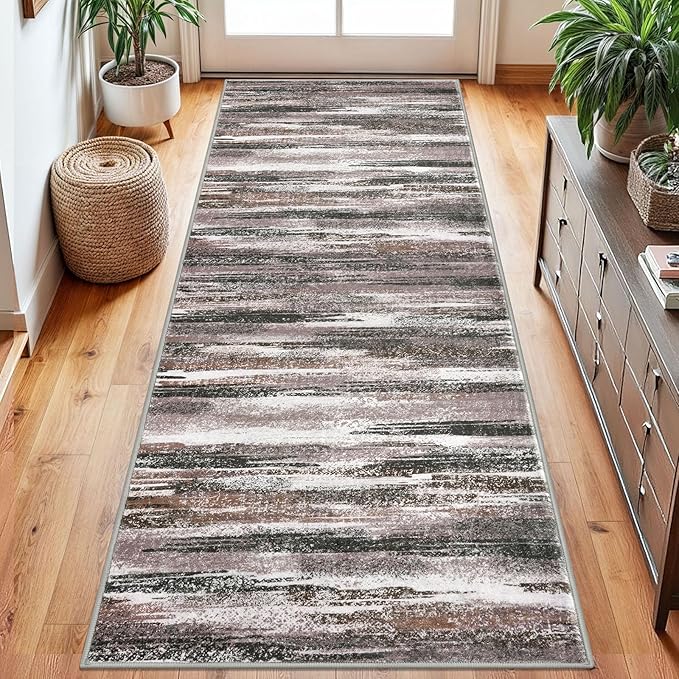 Modern Abstract Runner Rug 2.6x8, Dark Light Brown White Washable Kitchen by lansny