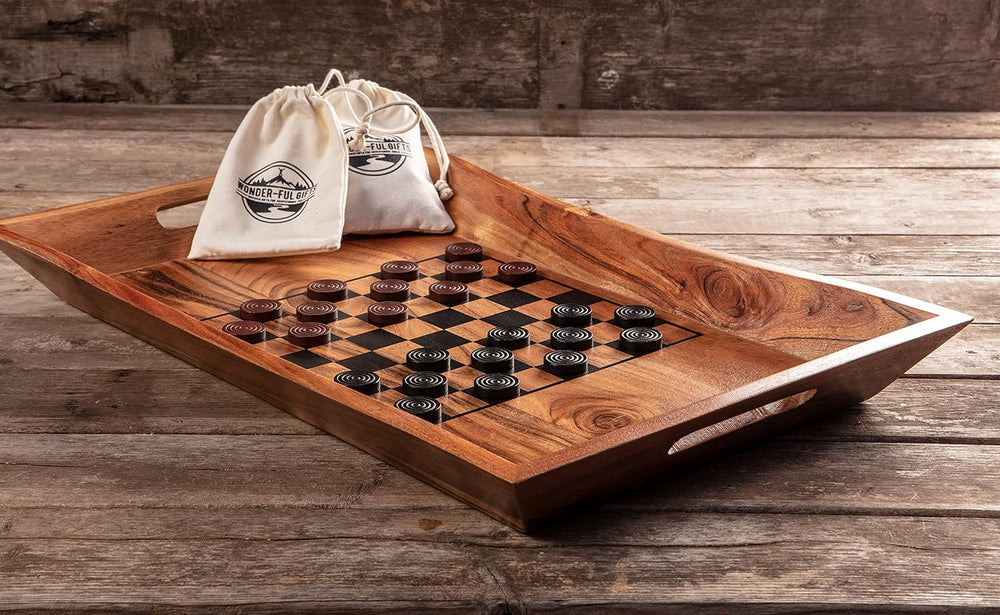 Wonder-ful Gifts Serving Tray with Chessboard - Chess and Checkers Pieces Inc...
