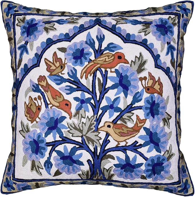 Blue Tree of Life Pillow Cover Blues Birds Floral Decorative Pillowcase Flower by Kashmir+Designs