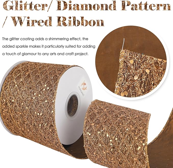 HUIHUANG Copper Wired Ribbon 4 inch Glitter Christmas Wired Ribbon Diamond Mesh - Image 2