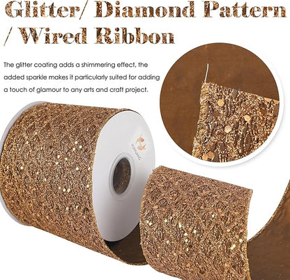 HUIHUANG Copper Wired Ribbon 4 inch Glitter Christmas Wired Ribbon Diamond Mesh - Image 2