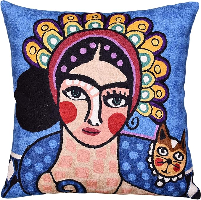 Frida Inspired Blue Throw Pillow Cover Cat Pillowcase Tiara Mexican Art Chair by Kashmir+Designs