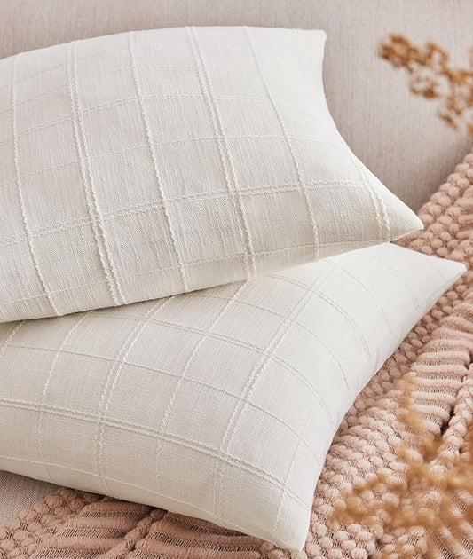 ZeeMart Linen Checked Throw Pillow Covers Set of 2, 16x16 Inch Allover Grid by ZEEMARTONLINE