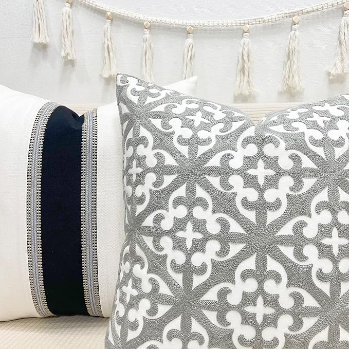 SLOW COW Embroidery Decorative Throw Pillow Cover Grey Kaleidoscope Design - Image 3
