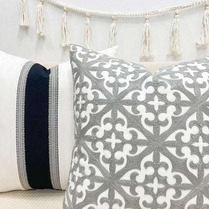 SLOW COW Embroidery Decorative Throw Pillow Cover Grey Kaleidoscope Design - Image 3