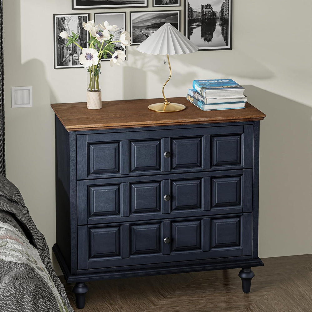 Aoikax Retro 3 Drawer Dresser X 2P, Natural Wood, Dark Blue