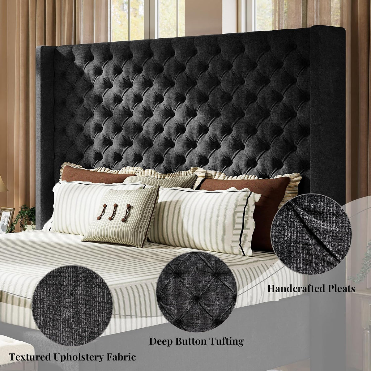 jocisland queen bed frame with 63" tall wingback showing dimensions