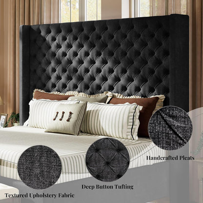 jocisland queen bed frame with 63" tall wingback showing dimensions