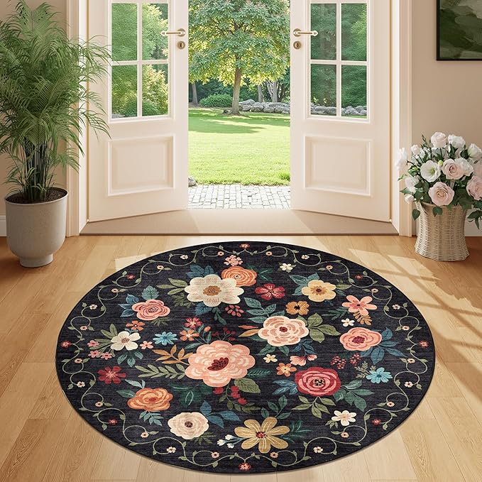 DUKINO Floral Round Rug, 4ft Washable Round Area Rug, Non Slip Indoor Low Pile - Image 3