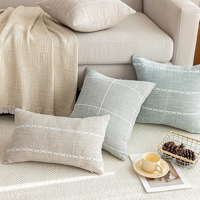 vctops Rustic Striped Cotton Linen Decorative Throw Pillow Cover Embroidery - Image 4