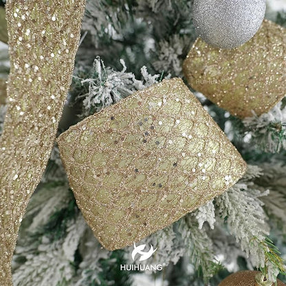HUIHUANG Champagne Gold Christmas Ribbon 4 inch Glitter Wired Ribbon Diamond - Image 4