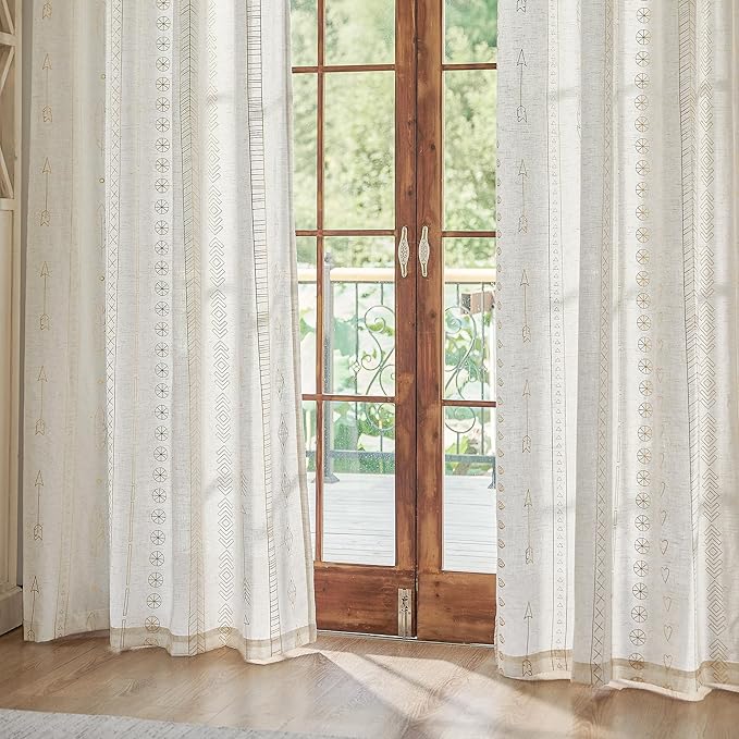 Gold Foil Linen Curtains for Bedroom, 96 Inches Long Moroccan Curtains for - Image 6