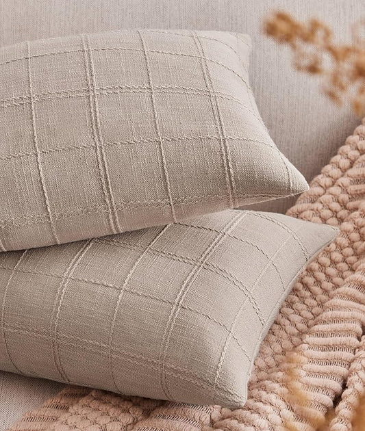 ZeeMart Linen Checked Lumbar Throw Pillow Covers Set of 2, 12x20 Inch Allover by ZEEMARTONLINE